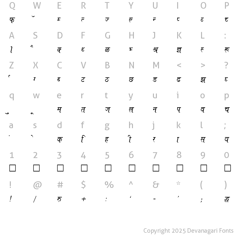 Character Map of Kruti Dev 652 Normal